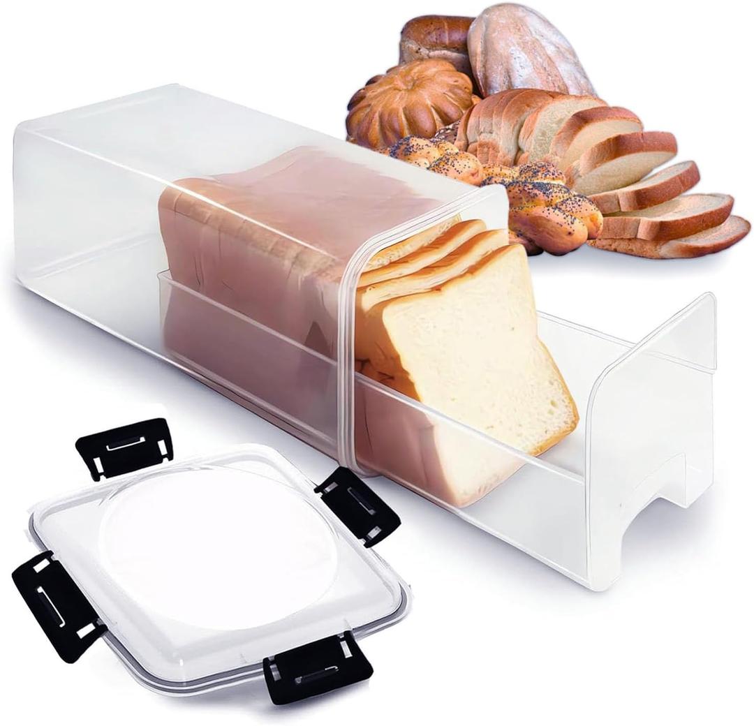 Slide-Out Bread Storage Container with Airtight Lid, Clear Plastic Bread Box with Drawer Tray for Sandwich Loaves, Bagels & Buns, 1355 in BPA-Free Bread Keeper for Counter, Pantry & Freezer