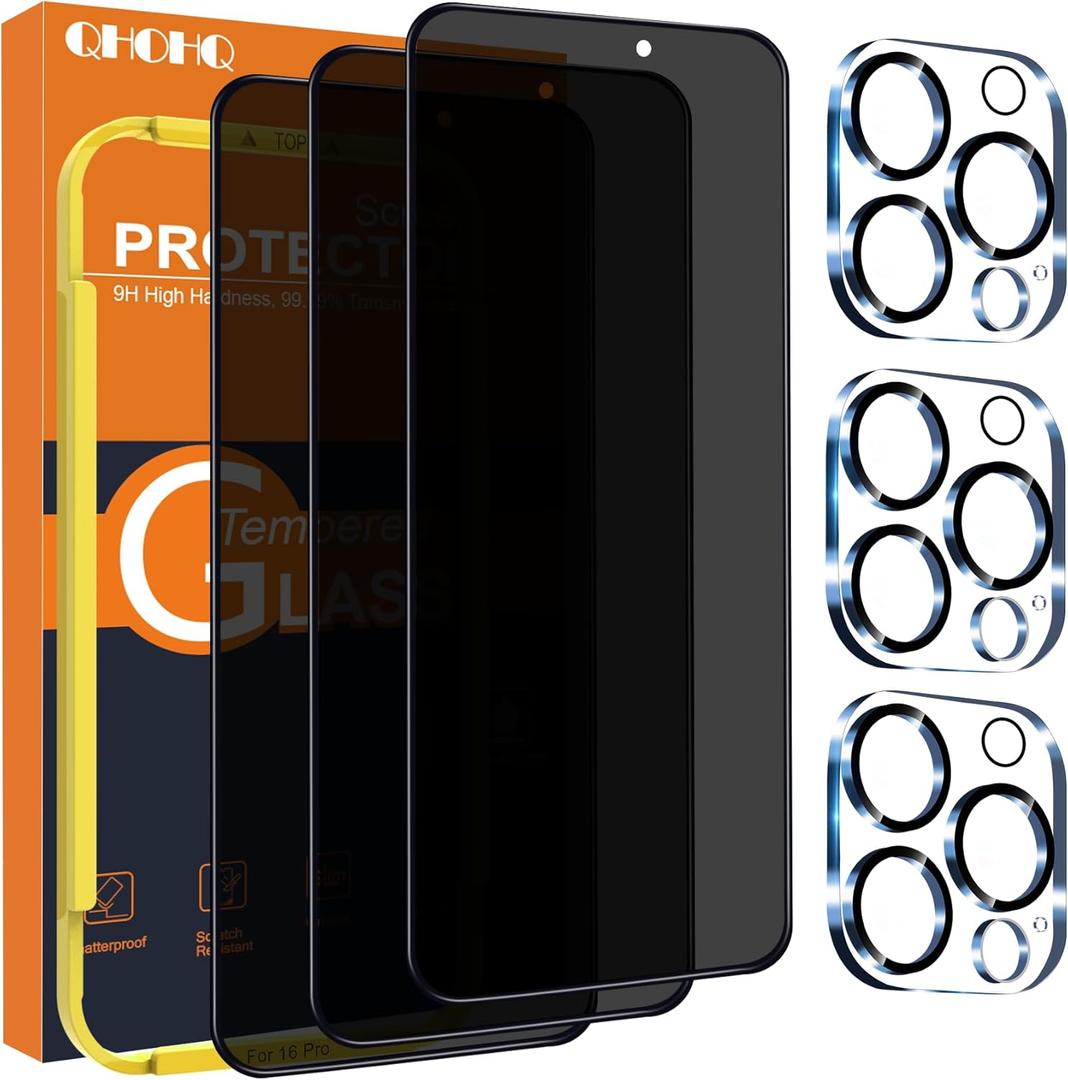 QHOHQ for iPhone 16 Pro Privacy Screen Protector + Camera Lens Protector, [Military Grade Shatterproof], Top 9H+ Anti Spy Glass, Full Edge Coverage, Ultra Durable, with Installation Tool [3+3 Pack] (iPhone 16 Pro 6.3 Inch)