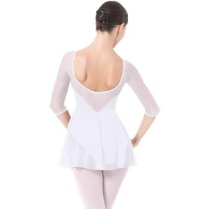 IBAKOM Ballet Leotards Dress for Women 3/4 Mesh Sleeve V Neck Scoop Back Gymnastics Leotard Slim Fit Ballerina Dance Leotard M