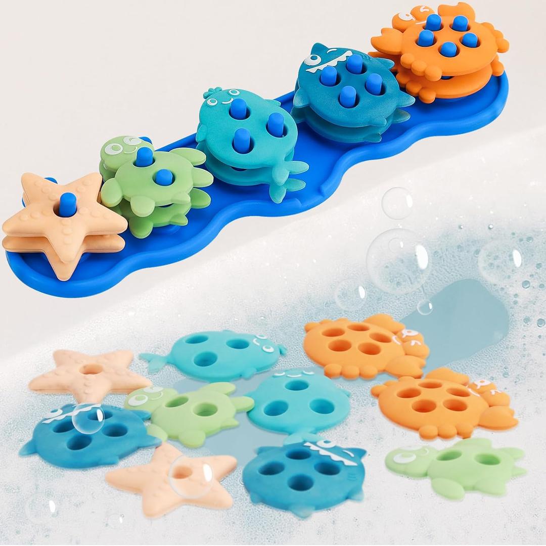 Baby Bath Toys, Mold Free Silicone Shape Sorting & Stacking Bath Toys for Kids Ages 1-3 with 10 Cute Floating Pieces, Color & Shape Sorter Toys Set for Toddler Early Learning Bathtub Fun Essentials (Ocean)