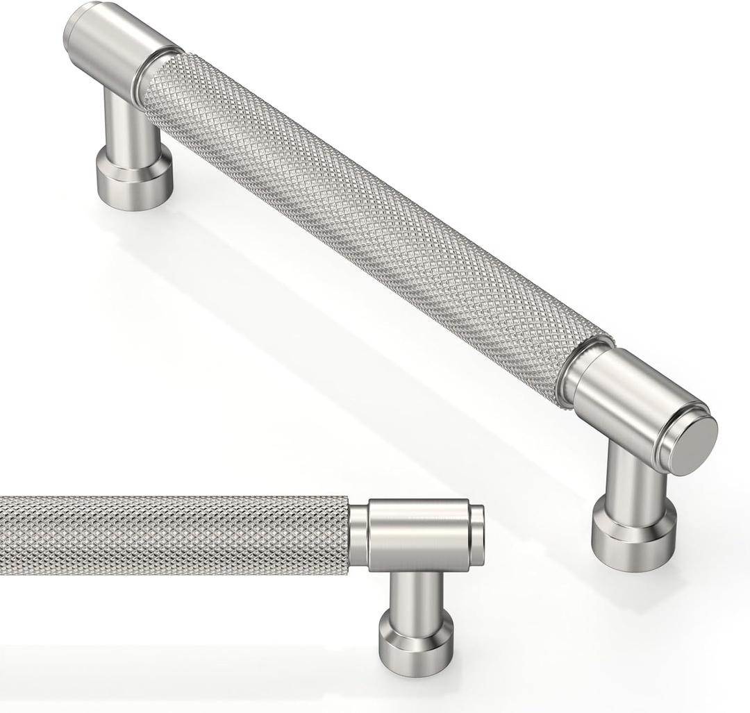 10 Pack Brushed Satin Nickel Knurled Cabinet Pulls 5 Inch(128mm) Kitchen Cabinet Handles Cabinet Hardware Drawer Pulls (5" Hole Center)