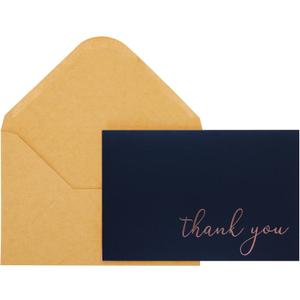 CHRIZ.Z Thank You Cards - Blank 50 Pack Navy Blue Matte Finish Cards with Rose Gold Foiled Thank You Printed with 52 Kraft Envelopes 4" x 6" - for Wedding Bridal Shower Baby Shower Birthday Party