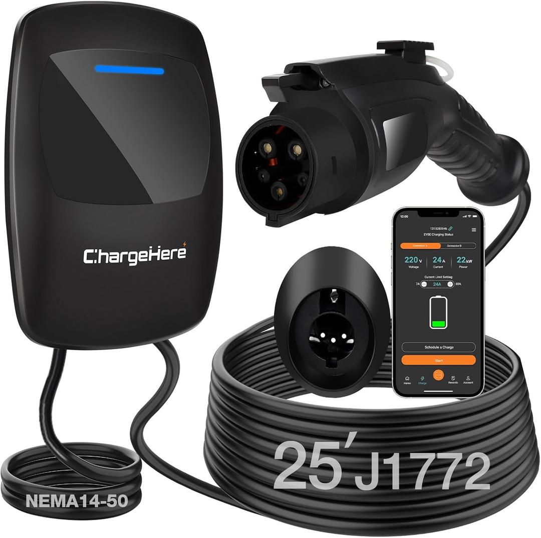 Level 2 EV Charger, 32 Amp 7kW High-Speed Electric Vehicle Charging Station, UL Certified, NEMA 14-50 Plug, 25ft Cable, IP66 Waterproof, WiFi Smart App, Compatible with All J1772 EVs