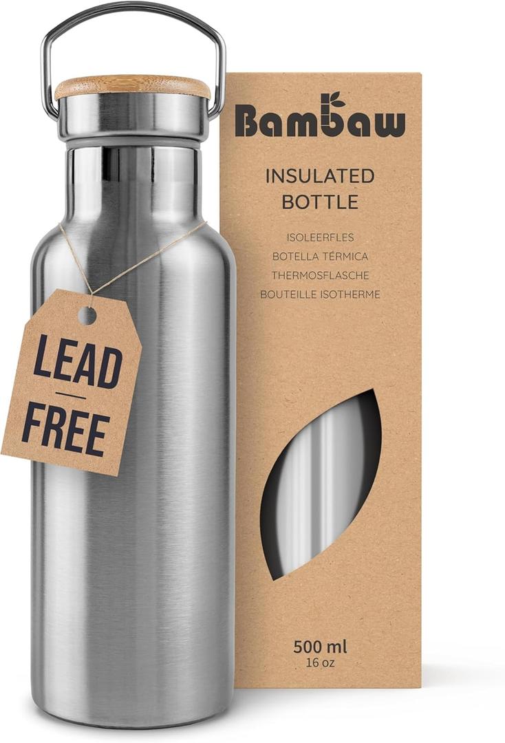 Bambaw Metal Insulated Water Bottle 16 oz | Stainless Steel Water Bottle Insulated | Reusable Water Bottle | Vacuum Insulated Water Bottle | Hot Water Bottle | Metal Water Bottle | Water Bottle 500 ml (Silver)