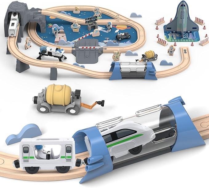JugueteLand 82 Pcs Wooden Train Set for Toddlers, Magnetic Train with Track for Kids Ages 3-6, Compatiable with Major Brands, Space Railway Playset