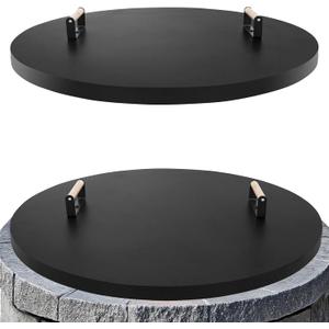 Fire Pit Lid Cover Round - 34" Rust Resistant Powder Coated Steel Firepit Cover or Table with 2 Wooden Handles for Patio Fire Pit, Weatherproof for All Seasons, Fits Fire Pits Up to 32"