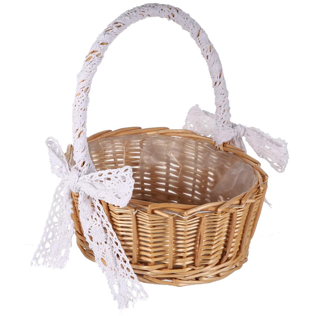Cabilock 11-Inch Woven Flower Girl Basket with Lace Handle Rustic Handmade Wedding Basket for Ceremonies Vintage Boho Flower Arrangement & Home Storage