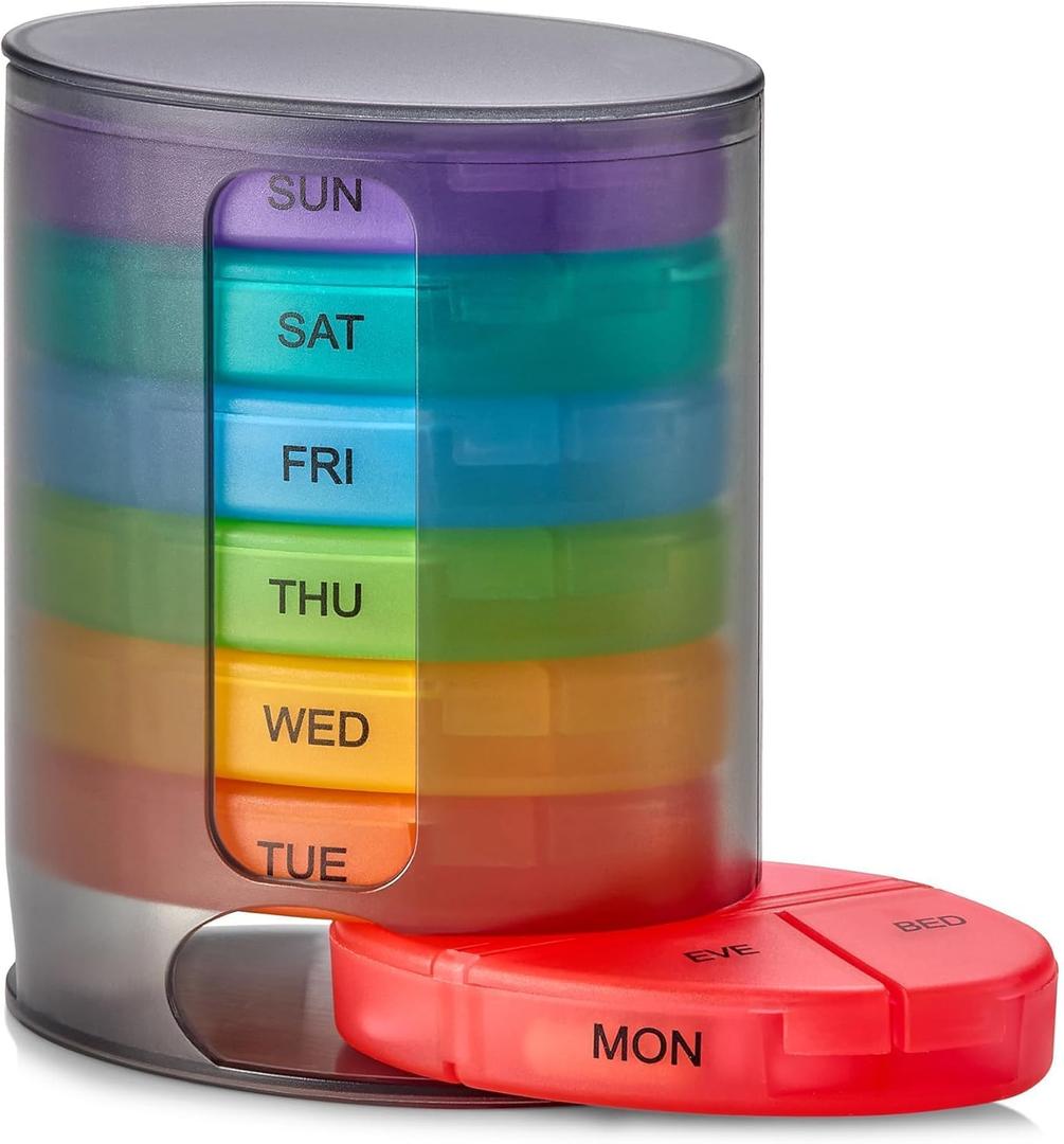 MEDca Weekly Pill Organizer, 1 Dispenser, 7 Multi-Colored Compartments Stackable Four Times a Day - Morning, Afternoon, Night and Bedtime - Black