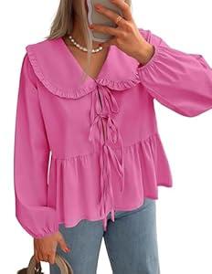 ZESICA Women's Tie Front Peplum Tops Long Puff Sleeve Lapel Collar Cute Babydoll Blouses Shirts, Hot Pink, Small
