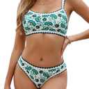 SEAFORM Women Two Piece High Waisted Bikini Set Boho Floral Print Swimsuit Tummy Control Bathing Suits Sexy Vintage Swimwear (Green, L)