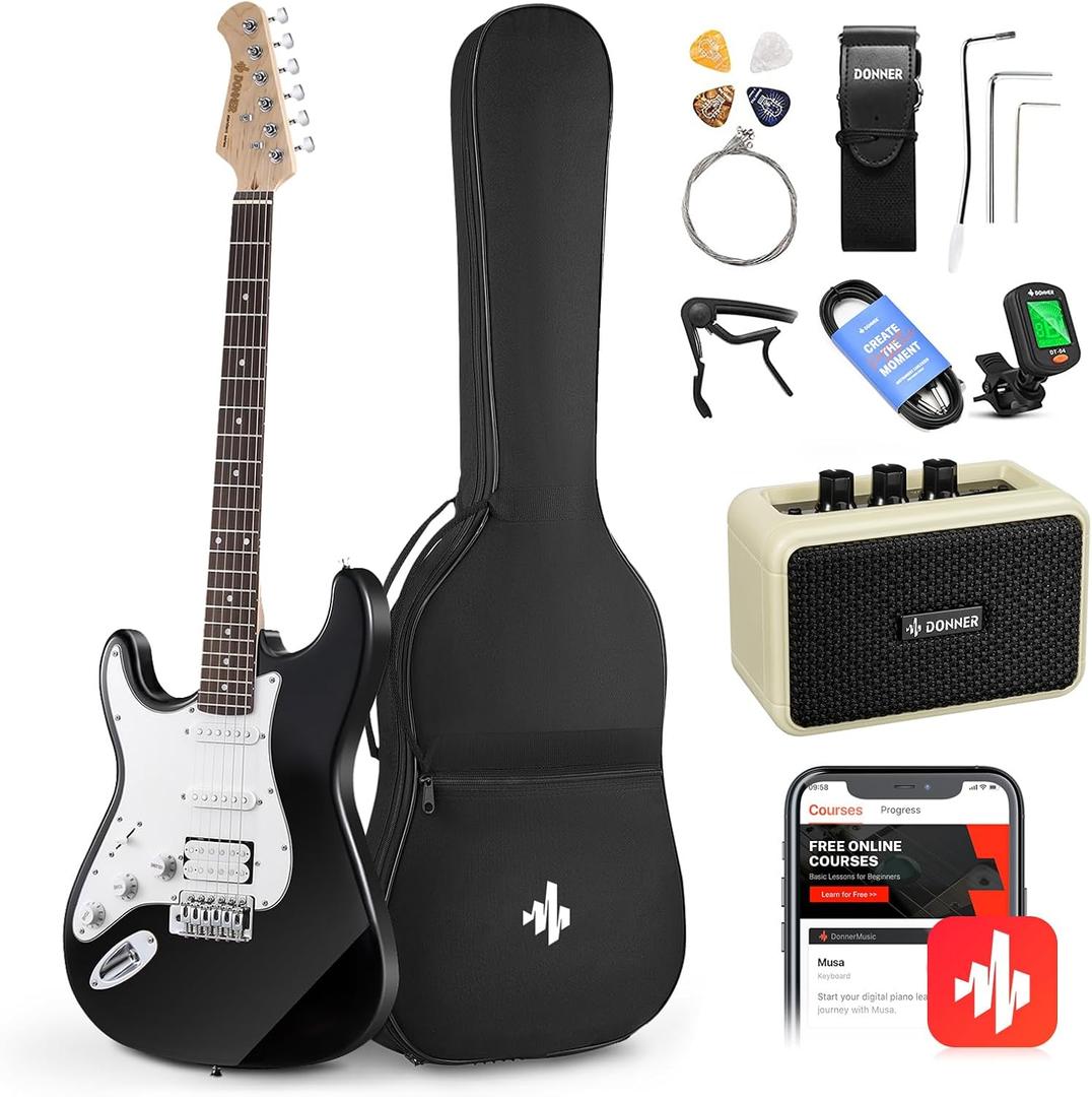 Donner 39 Inch Left-Handed Electric Guitar Kit Solid Body Black Lefty Beginner Set Full-Size with Amplifier Online Lesson Bag Digital Tuner Capo Strap String Cable Picks DST-100BL (39in Left Handed)