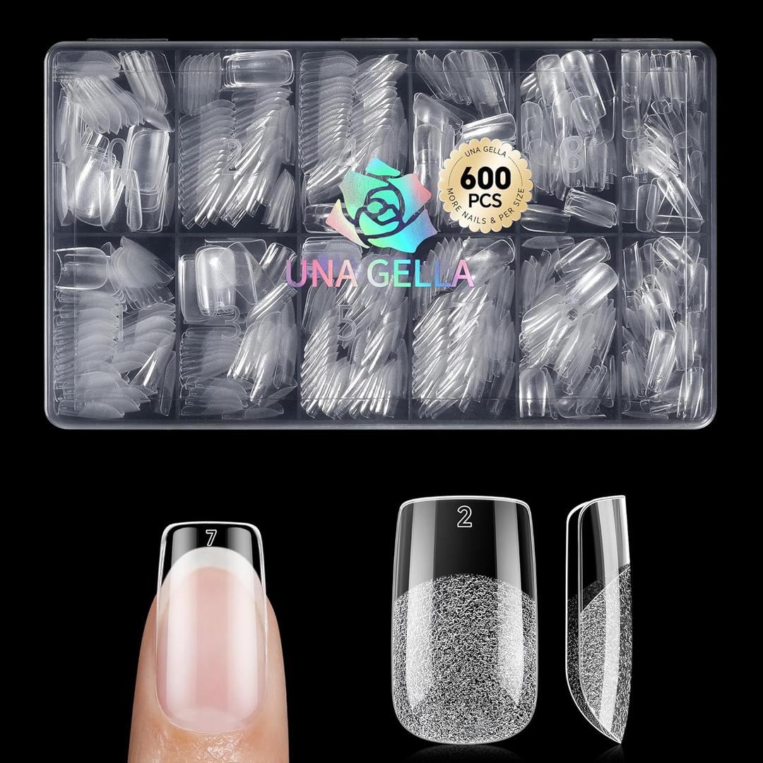 UNA GELLA Short Square Gel Nail Tips 600Pcs, Square Press on Nails Pre Etched Full Cover Soft Gel Nail Tips No C Curve For Women Girl DIY French & Chrome Style Salon At Home 12 Sizes