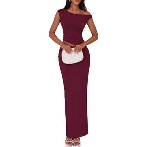 PRETTYGARDEN Skirt Sets Women 2 Piece Outfits Summer 2025 One Shoulder Sexy Ruched Bodycon Maxi Long Skirts (Red, XL)