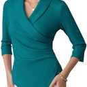 GRACE KARIN Women Dressy Wrap Work Tops,V Neck Business Casual Blouses, 3/4 Sleeve Ruched Elegant Shirts XL