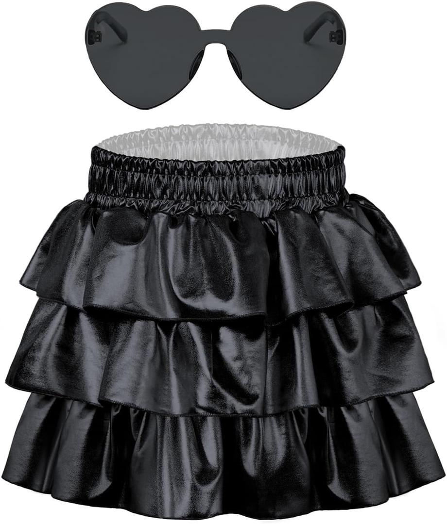 Girls Metallic Skirt, Shiny Girls Dance Skirt Ruffle Skirt Girls Glitter Gymnastics Skirt with Sunglasses (4-5T, Black)