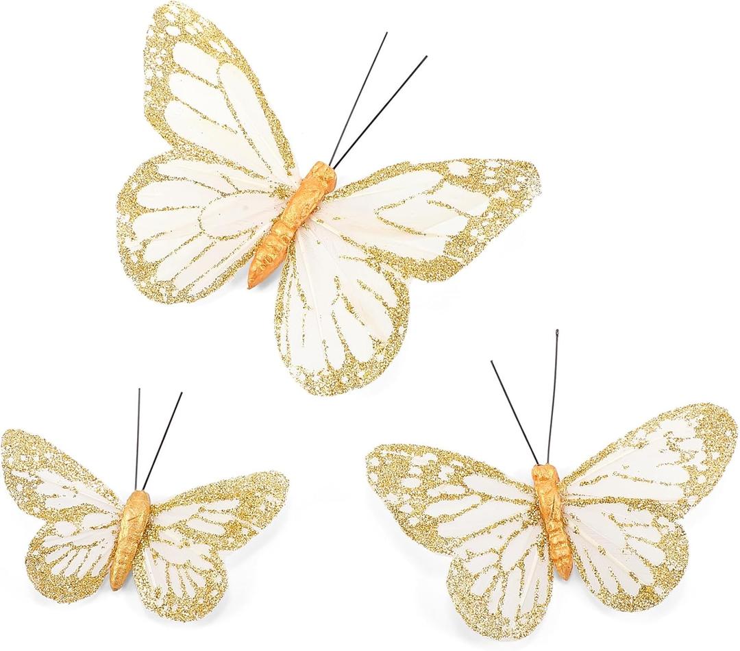 Chuangdi 36 Pcs Platinum Feather Monarch Butterfly 3size 4.7''/3.9''/3.15'' Christmas Decorations Artificial Monarch Butterfly 3D Realistic Wall Decor for DIY Craft Wedding Party Christmas Tree Decor