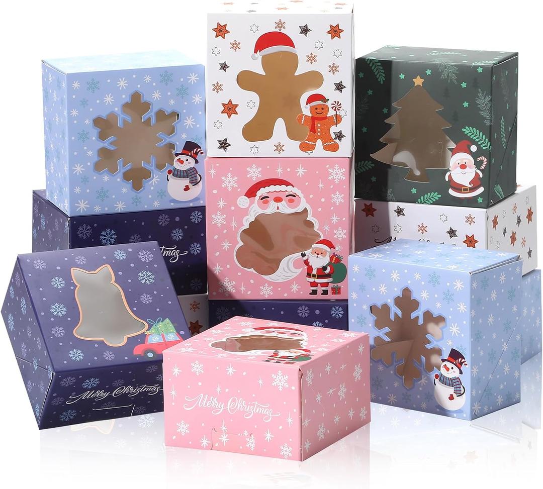30Pcs Christmas Cookie Boxes for Gift Giving, 4x4x2.5 inch Bakery Box with Window, Xmas Treat Boxes for Holiday Party Favor Pastries, Cupcakes, Cookies, Muffins, Donuts, Gift Wrapping