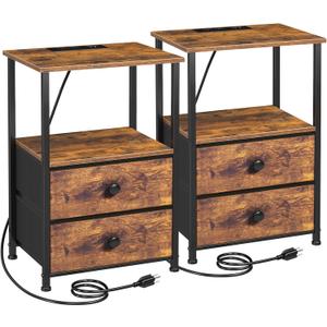Night Stand Set 2, Nightstand with Charging Station, End Tables with Storage Shelf for Small Spaces, Bedside Table Side Tables with 2 Fabric Drawers for Bedroom, Rustic Brown, HETS020PBR
