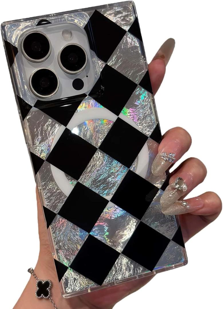 Checkered Magnetic Case for iPhone 15 Pro Max Compatible with Magsafe - Aesthetic Rectangular Diamond Checkerboard Pattern - Glossy Protective Phone Case Cover - Black/Iridescent Silver