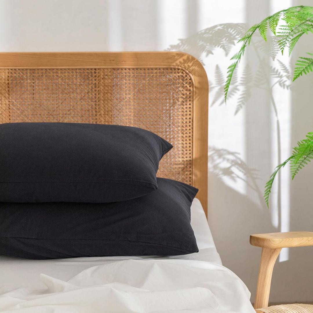 BESTOUCH 100% Washed Cotton Pillowcase for Hair and Skin Linen Feel Soft Comfortable Breathable 2 Set Pillow Case with Envelope Closure Solid Dark Black King 20x36 Inches