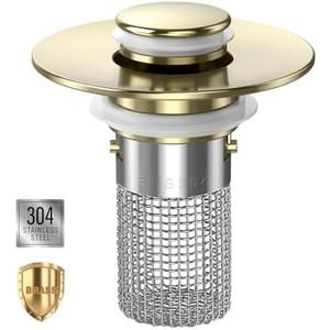 Sink Stopper Hair Catcher, Pop-up Sink Drain Strainer with Removable Stainless Steel Strainer Basket Hair Catcher, Bathroom Sink Strainer for Bathroom Sink Stopper Replacement(Brushed Gold-1PCS)