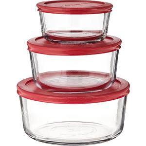 Anchor Hocking Classic Glass Food Storage Containers with Lids, Red, 6-Piece Set, Model Number: