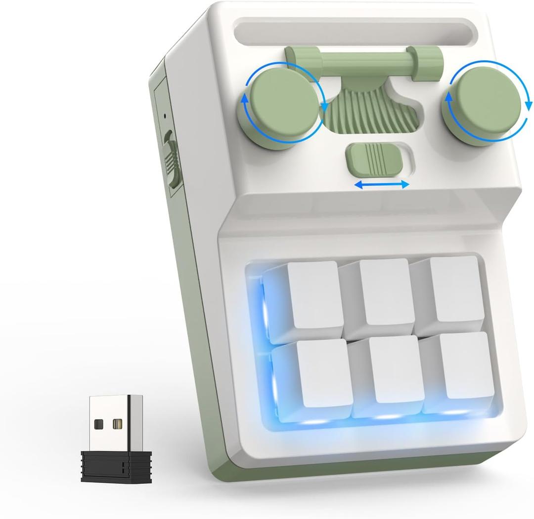 6 Key 2 Knob Macro Keyboard - Programmable Wired/Bluetooth /2.4G Receiver One Handed Gaming Keyboard With Software Macro Keys, Hot-Swap Switch RGB For Photoshop, Gaming (Green)