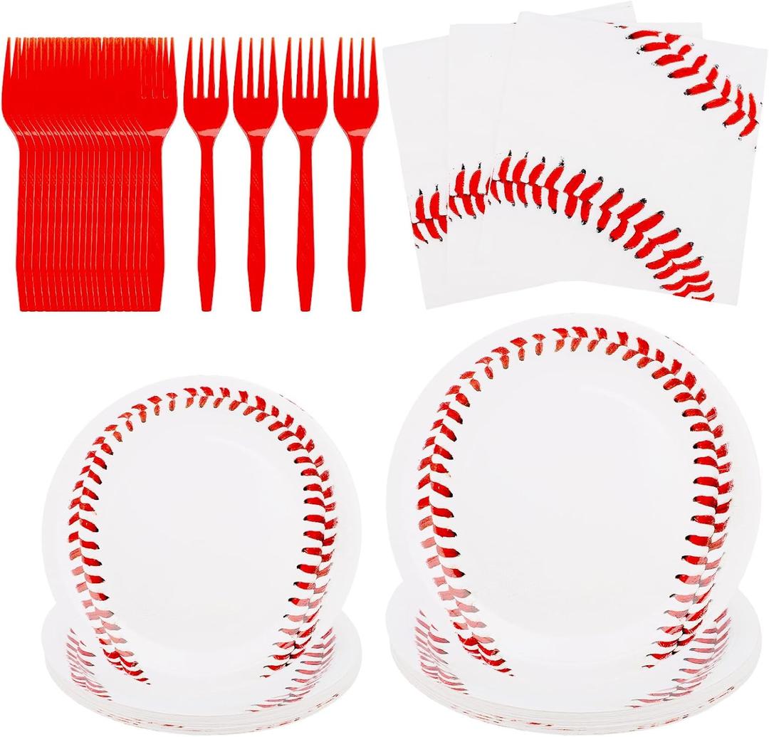 96pcs Baseball Party Tableware Set, Disposable Baseball Dessert Cake Paper Plates Napkins & Forks for Sports Ball Themed Birthday Party Decorations & Supplies Serves 24 Guests
