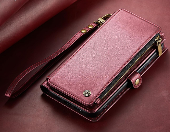 Defencase for iPhone 13 Case Wallet with RFID Blocking Card Holder for Women Men, Elegant PU Leather Magnetic Snap Flip Wrist Strap Zipper Wallet Phone Cases for iPhone 13, Wine Red