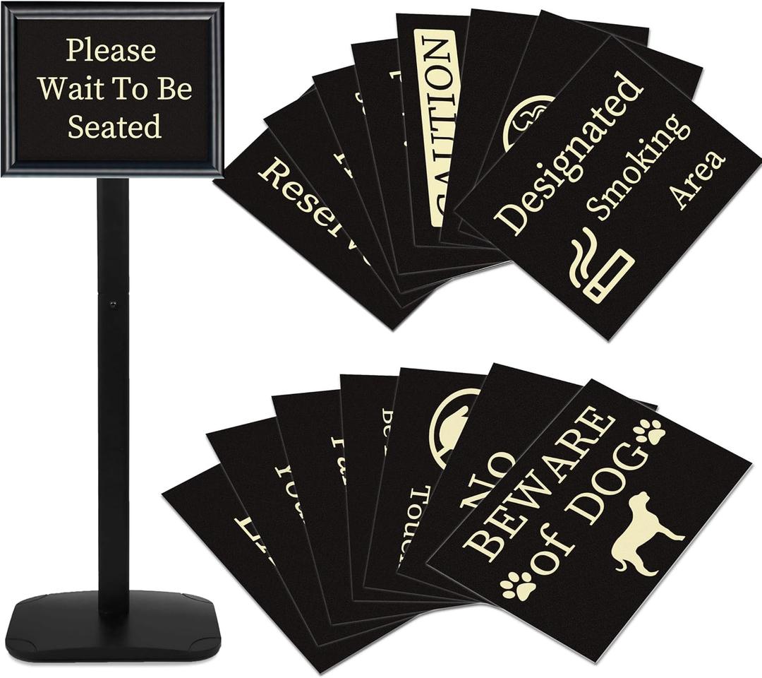Please Wait To Be Seated Sign, 8.5 x 11 Inch Heavy Duty Sign Holder Stand with 16 Inserts, Floor Standing Poster Stand with Weighted Base for Indoor/Outdoor Signage&Advertising, Black