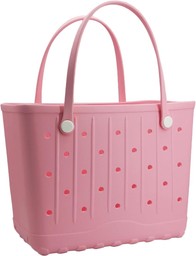 Large Rubber Beach Bag Travel Totes Mens Womens Waterproof Rubber Beach Tote for Work, Picnics, Shopping, Outdoor, Pink, Large