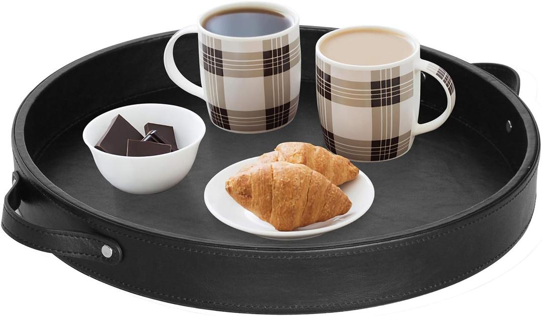 HofferRuffer PU Leather Round Serving Tray with Handles, Decorative Catchall Vanity Coffee Tray, Faux Leather Ottoman Tray for Home Or Office, Diameter 14.6-inch (Black)