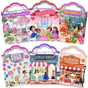 6 Set (260pcs) Puffy Sticker Books Activity for Girls, Reusable Stickers Book, Fairytale+Garden+Princess Party+Mermaid+Kids Zone+Girls' Shop, Travel Book for Kids Ages 3+