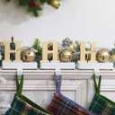 UNIQOOO Champagne Gold HoHoHo Christmas Stocking Holder Set of 3, Max 2Lb, Heavy Duty, Padded Grip Bottom, White Christmas Mantel Hooks Fireplace Garlands Wreath Decoration Hanger, w/ Bells Ribbon