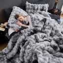 Wonderful 3 Pieces Fluffy Faux Rabbit Fur Bubble Comforter Set King Size, Tie-Dyeing Multiple Grey Plush Fuzzy Bedding Set, Warm Soft Bubble Comforter Bedding Set for Winter