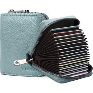 Linno RFID 20 Slots Credit Card Holder Genuine Leather Small Wallet for Women or Men with Zipper (Blue)