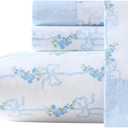 Laura Ashley - Queen Sheet Set, Crisp & Cool Cotton Percale Bedding with Deep Pockets, Lightweight for Year Round Comfort, Bed Sheets with Matching Pillowcases (Floral Ribbon Blue)