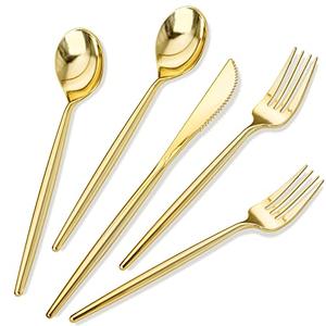 Rubtlamp 180Pcs Gold Plastic Silverware,Luxury Gold Plastic Cutlery,Heavy duty Golden Disposable Flatware, Utensils Set Disposable Include 60Gold Forks,60Gold Spoons,60Plastic Knives for Party,Wedding
