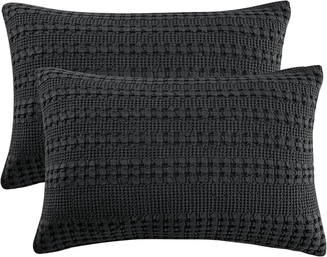 PHF 100% Cotton Waffle Pillow Shams King Size, 2 Pack 20" x 36" Soft Skin-Friendly Pillowcases, No Filling, Aesthetic Woven and Breathable Waffle Weave Pillow Case Covers for Bed, Black (36" x 20" (Pack of 2))