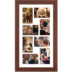 11.8x21.8 Picture Frame Display 8 opening 4X6 Picture Frame Collage,Multi Photo Frame with Mat,Plexiglass,Wall or Tabletop Decor,Walnut Wood Grain, 11.8x21.8 - (8 open4x6)