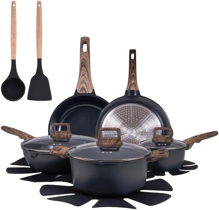 ZHANG XIAO QUAN SINCE 1628 Pots and Pans Set with Lids, 14 PCS Cast Aluminium Non Stick Non-toxic Ceramic Coating Cookware Set, Frying pans with Lids, Black