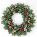 Christmas Wreath for Front Door 24-Inch, Christmas Door Wreath with Red Berries, Green Pine Branches, Eucalyptus Leaves and Ornaments, Winter Wreath Outdoor Christmas Decorations (Red)