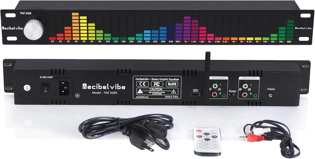 TNZ SGE6 - Audio Graphic Equalizer with Rear RCA/3.5 Auxiliary Input and Output, Built-in Microphone, USB and Bluetooth Input, Preamp for Home Audio, DJ, HiFi Audio Setup (Silver)