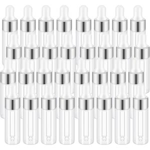 Sample Dropper Bottles, Mini Dropper Bottles with 2 Pcs Plastic Droppers for Traveling Essential Oils DIY Cosmetic Liquid Sample Perfume (Silver, 5ML)