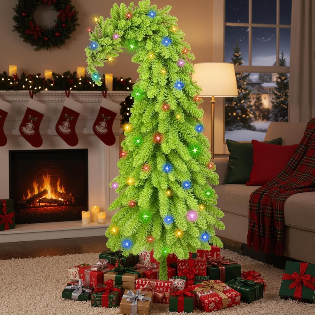 Whimsical Prelit Christmas Tree 5.4FT - Timed Remote Control, Bendable Curved Top and Foot Switch Device with 8 Light Functions, Living Room Christmas Holiday Decor