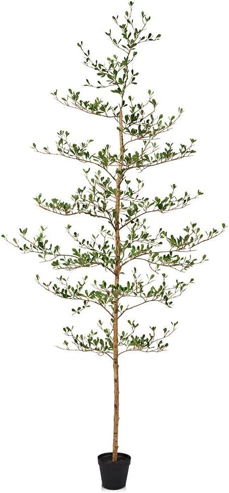 Artificial Black Olive Tree 7FT Indoor Outdoor Decor Faux Plants - Real Wood Trunk Fake Tree with Green UV Resistant Leaves - Tall Floor Plant for Modern Home Office Living Room Decoration