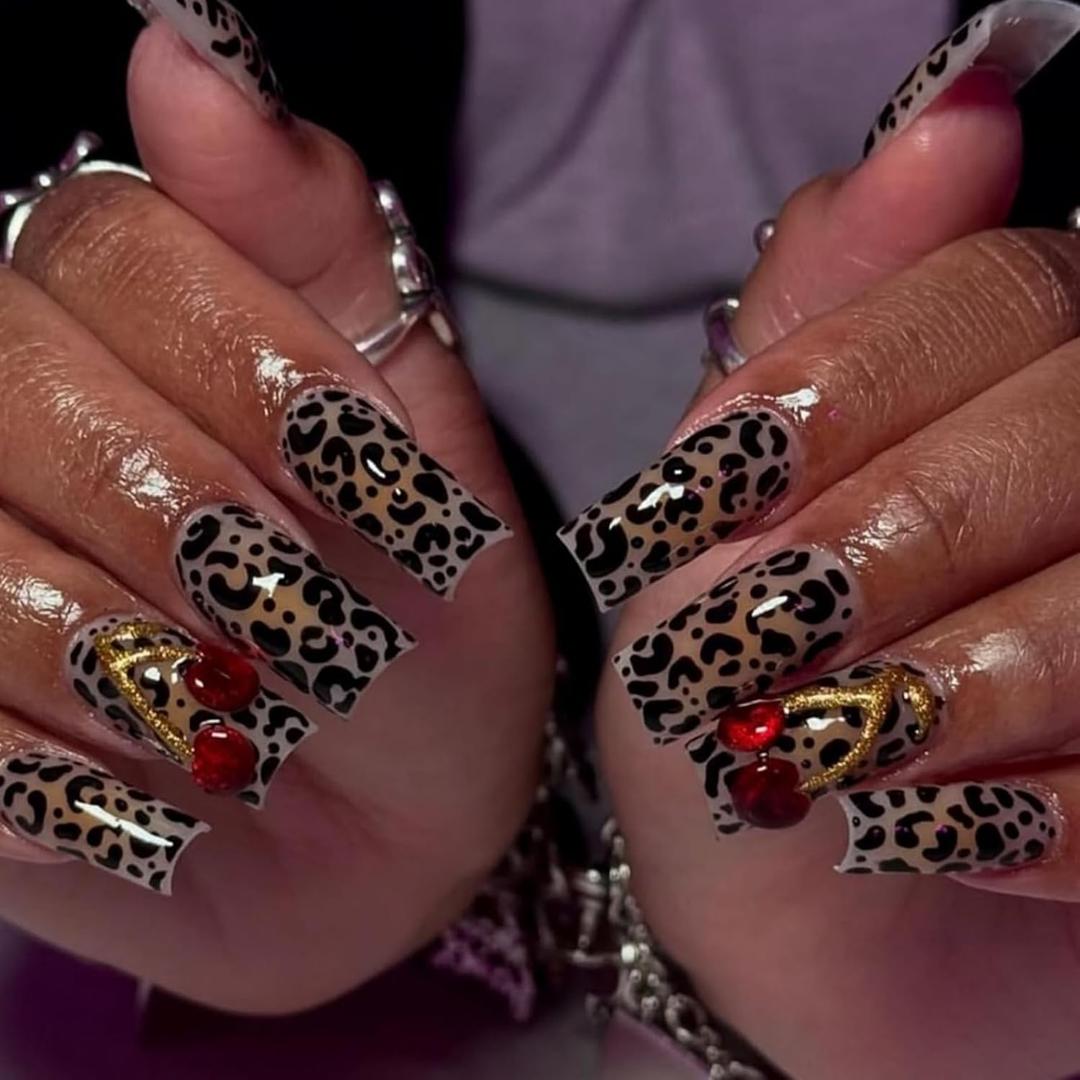 Press on Nails Medium Square Fake Nails Leopard Print Glue on Nails with Cherry Design Reusable Artificial Acrylic Nail Cheetah Glossy Full Cover Stick on Nail for Women Manicure 24Pcs