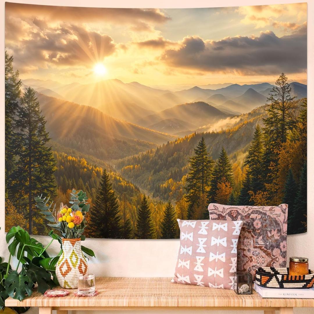 kampdream Landscape Tapestry, Scenery Art Wall Tapestries, Nature Wall Decor for Bedroom Living Room Backdrop Warm Sunset Mountain 60×80 inches