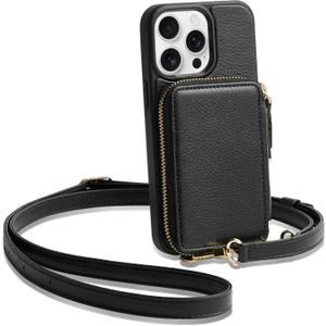 ZVE for iPhone 15 Pro Wallet Case, Crossbody Phone Purse with Card Holder for Women, Zipper Leather RFID Blocking Carrying Cover with Wrist Strap for iPhone 15 Pro 6.1 inch- Black