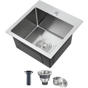 ROVATE 15 inch Drop in Bar Sink, Small Top-mount Kitchen Sink Single Bowl, Overmount Handmade 304 Stainless Steel Bar Sinks with Basket Strainer, 15 x 15 x 8 inch